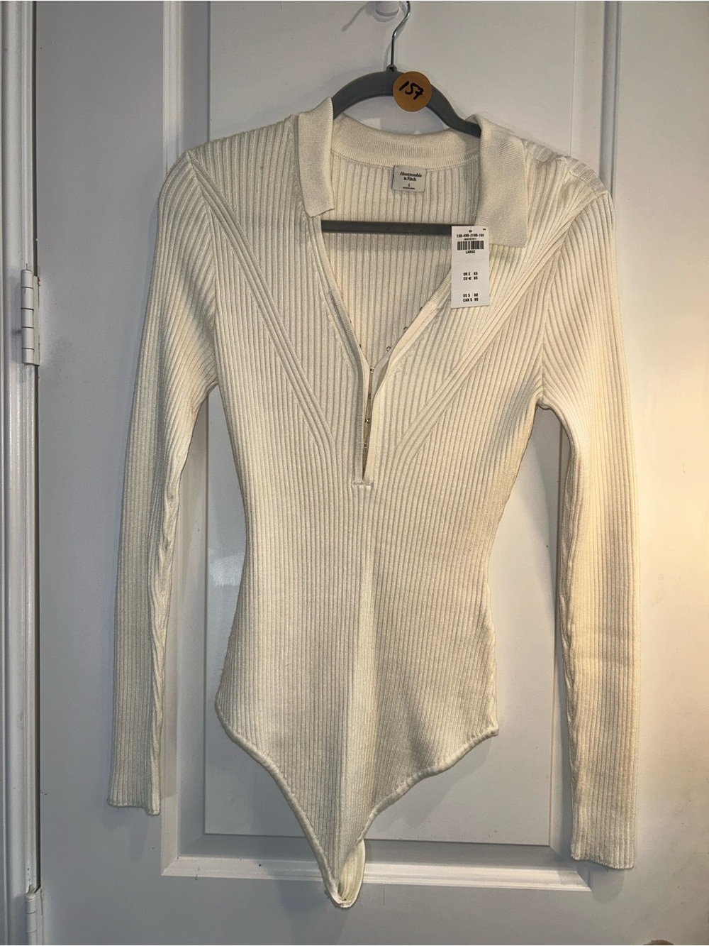 Abercrombie & Fitch Ivory Ribbed Long-Sleeve Polo Bodysuit